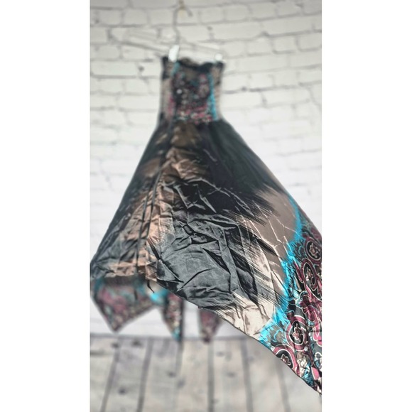 Boho Strapless Smocked Handkerchief Hem Paisley Dream Dress Turquoise Magenta - Picture 5 of 7